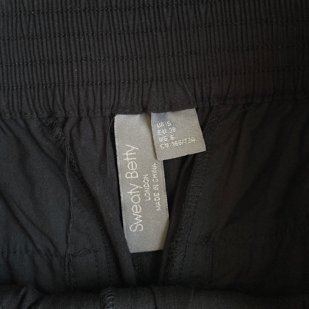 Sweaty Betty Black Stretch Wide Leg Linen Blend Pants Relaxed Fit Smocked Waist - Picture 8 of 10